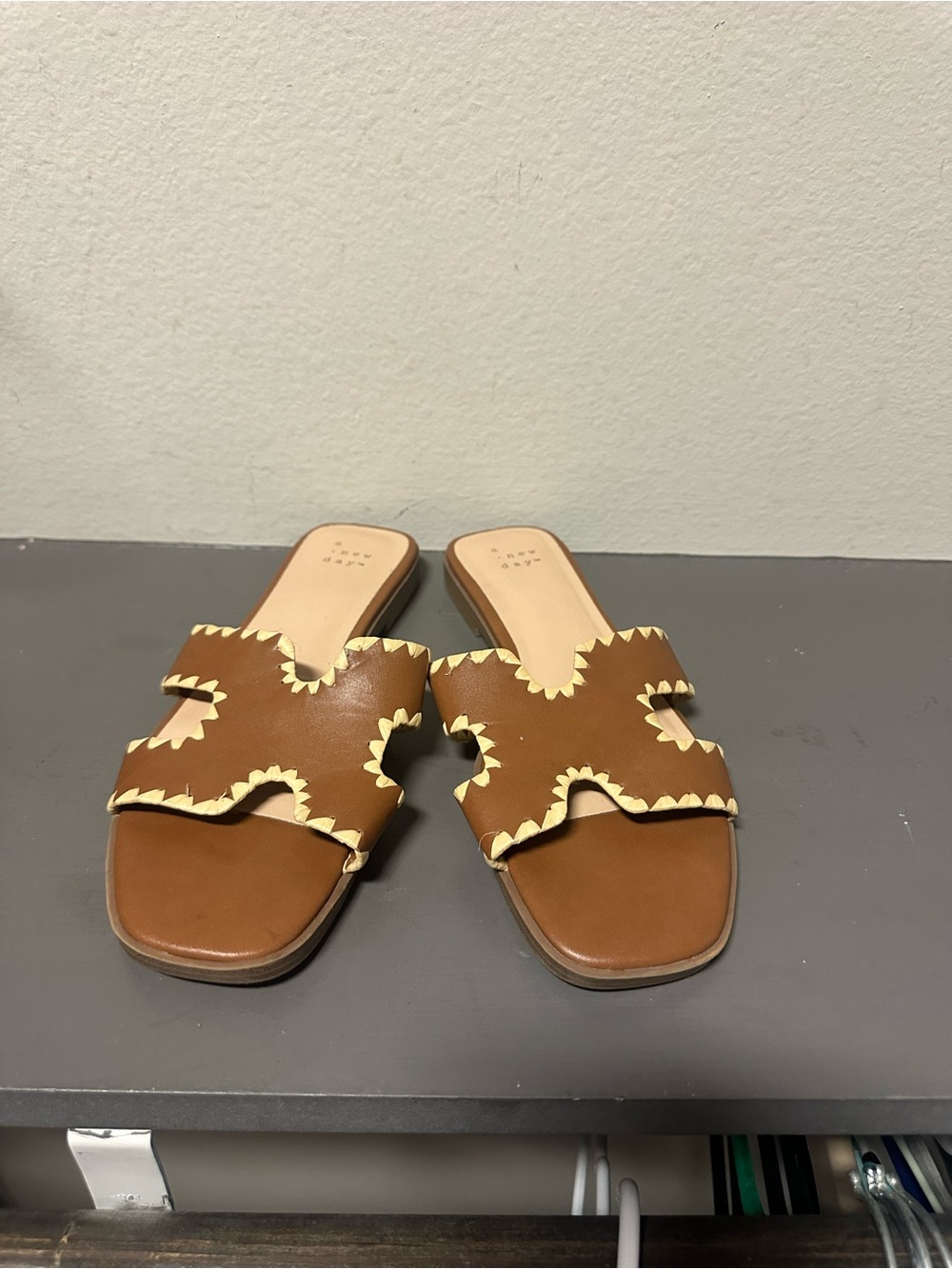 A new day Brown Leather Slide Sandals with Cream Trim - Women
